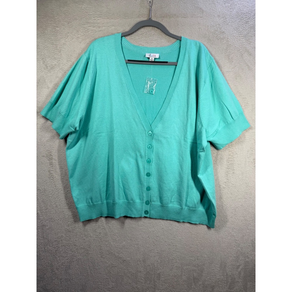 D&Co Essentials Cardigan Women 3X Turquoise Short Sleeve V-Neck Knit Sweater